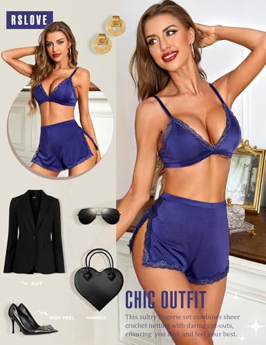 Image of RSLOVE Sexy Pajamas for Women Soft Lingerie Set Lace Trim Sleepwear 2 piece Pjs Shorts Set