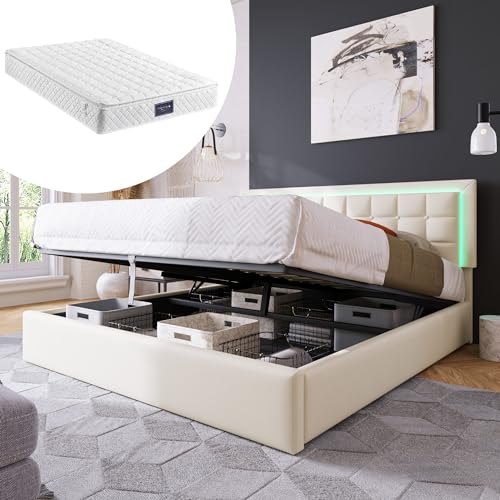 MQGPM Boxspringbett Doppelbett Polsterbett 140x200CM, Stauraumbett mit Lattenrost aus Metallrahmen, Hydraulische Bett mit Großer Stauraum &...