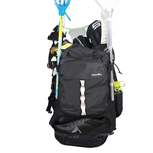 Athletico Lacrosse Bag - Extra Large Lacrosse Backpack - Holds All Lacrosse or Field Hockey Equipment - Two Stick Holders and Separate Cleats Compartment (Black), Black, X-Large