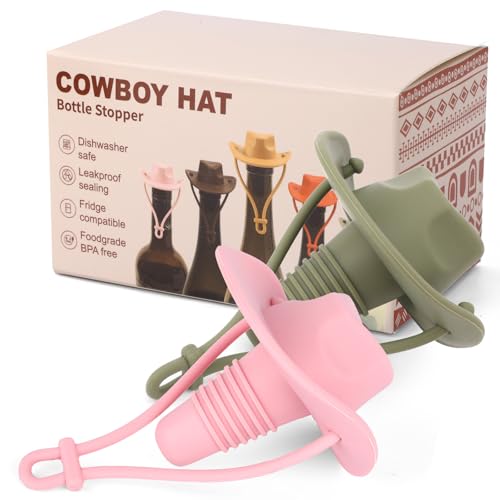 2pcs Cowboy Hat Wine Bottle Stopper, Funny Cute Silicone Wine Plug Champagne Cork Cover Cap Decorative Topper Mother & Father Gifts to Seal and Keep Wines Fresh (Green, Pink)