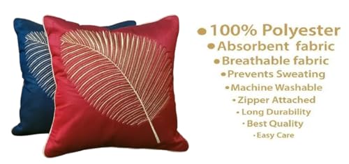 Image of Fab Nation Polyester Fabric Dark Blue & Red Combo Color Decorative Cushion Covers with Golden Zari Leaf Embroidered Set of 5 for Home Decor | Throw /Pillow Cover 16x16 inches for Bedroom Sofa