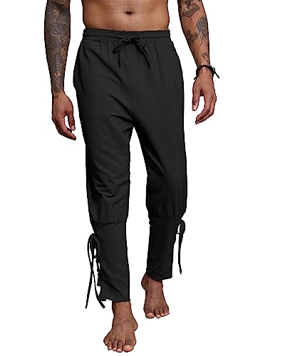 YAOBAOLE Pantalon Medieval Homme Pantalon Viking Homme Coton Lin Pirate Renaissance Noir 2XL_