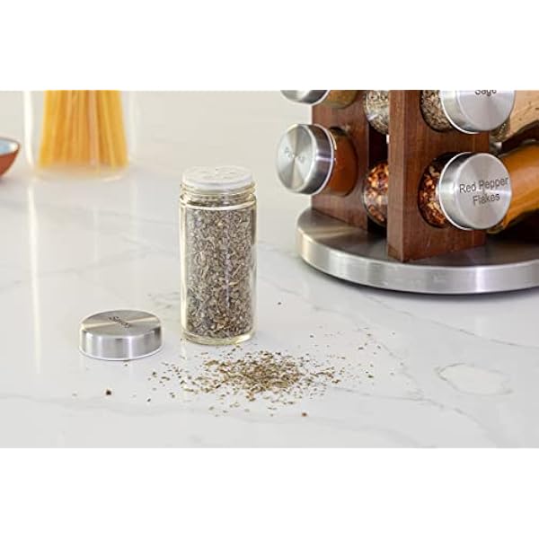 Orii 20 burk mörk akacia trä kryddhylla med kryddor ingår – roterande tornorganiserare för kök kryddor och kryddor, gratis kryddpåfyllningar i 5 år (mörkt färgat akaciaträ)