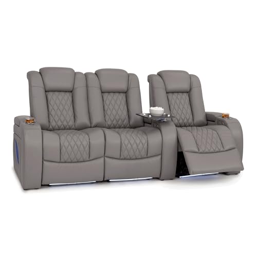 Image of Seatcraft Virtuoso LT Gray Italian Leather Home Theater Seating, Zero Gravity Power Recliner, Heat and Massage, Powered Headrest and Lumbar Gaming and Home Office Chair, Row of 3 Left Loveseats