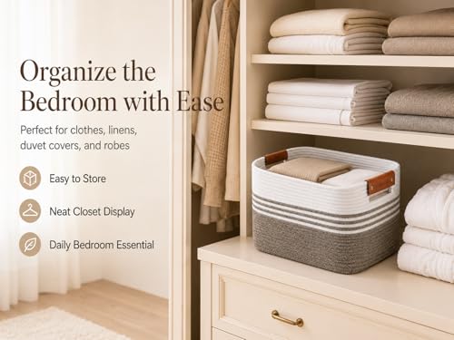 Image of Cotton Rope Laundry Basket Small, 12.8GAL Collapsible Woven Storage Baskets for Living Room Kids Toys Stuffed Animal,Boho Rectangular Decorative Short Hamper for Dirty Clothes, Blankets Dark Brown