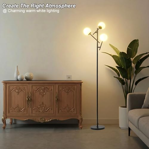 Image of Fiqevs 3 Globe Floor Lamp for Living Room, Swing Arms Standing Tree Lamp | 3000K Warm White Light, 3 LED Bulbs Included, Adjustable Orb Glass Shade Mid Modern Lamp for Bedroom /Office, Matt Black