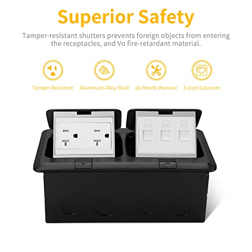 Vagueior Dual Pop Up Floor Electrical Outlet Stainless Steel Box Kit, 20A Tr Tamper-Resistant Duplex Receptacle Outlet，3-Port Rj45 Datacom Receptacle，Corrosive Resistant Hardware, Black Etl Certified #TOP1