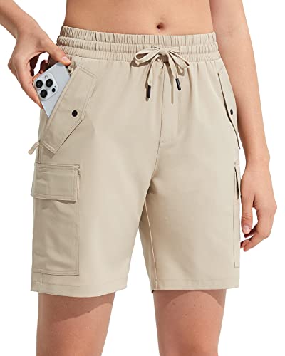 MOCOLY Pantalones Cortos Trekking Cargo para Mujer Pantalon Cortos Verano Ligeros Impermeables Secado Rápido Bermudas Shorts con Cintura Elástica para Senderismo Camping Viajes Golf Deportes