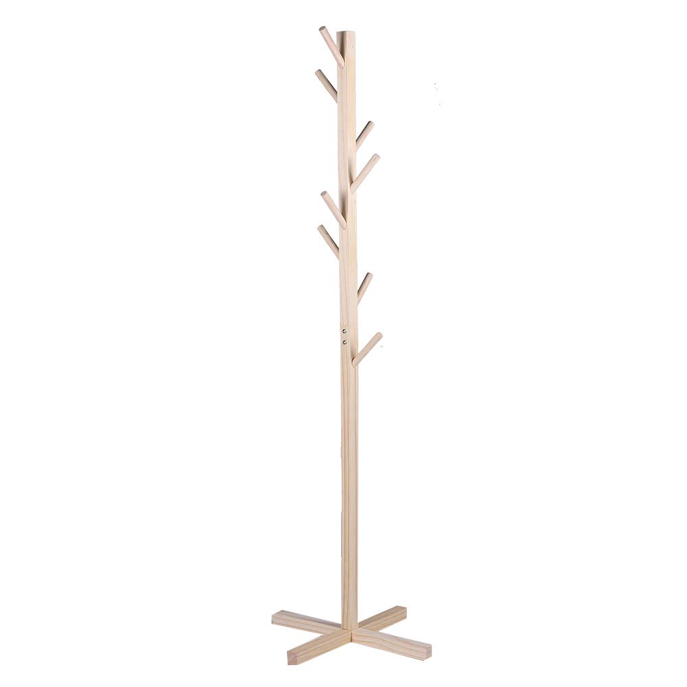 FCXWEVR Coat RackWooden coat rack, wooden tree coat rack, sturdy 8-hook folding umbrella stand, clothes rack stand for hanging heavy coats, hats, scarves