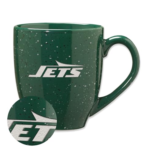 Rico Industries NFL Football New York Jets Green 16 oz Team Color Laser Engraved Speckled Ceramic Coffee Mug