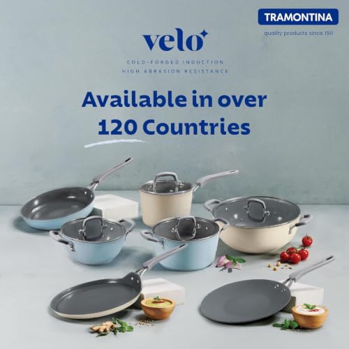 Image of TRAMONTINA Velo 20cm Shallow Kadai with Lid 1.9L | Ceramic-Reinforced Coating | Tempered Glass Lid | for Curry, Stir Fry, Sauteing & Everyday Cooking | Gas & Induction Compatible | Sea Blue