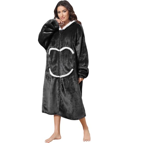 Image of Oversized Wearab Blanket Hoodie, Cozy Flannel Blanket with Sleeves and Zipper for Women, Mens, Teens