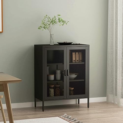 [en.casa] Comò in Acciaio con 2 Ante Reticolate Credenza per Soggiorno 101,5 x 80 x 40 cm Armadietto con 3 Scomparti - Nero