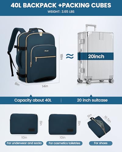 Image of LOVEVOOK 40L Travel Backpack Flight Approved Carry on Backpack,3 Packing Cubes,Waterproof Personal Item Travel Bag,TSA Carry on Luggage Suitcase Travel Essentials,Gifts for Women & Men,fits 17 inch Laptop
