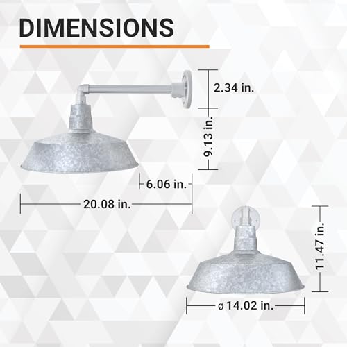 Image of 14in. Galvanized Outdoor Gooseneck Barn Light Fixture with 13in. Long Extension Arm - Wall Sconce Farmhouse, Vintage, Antique Style - UL Listed - 9W 900lm A19 LED Bulb (5000K Cool White)