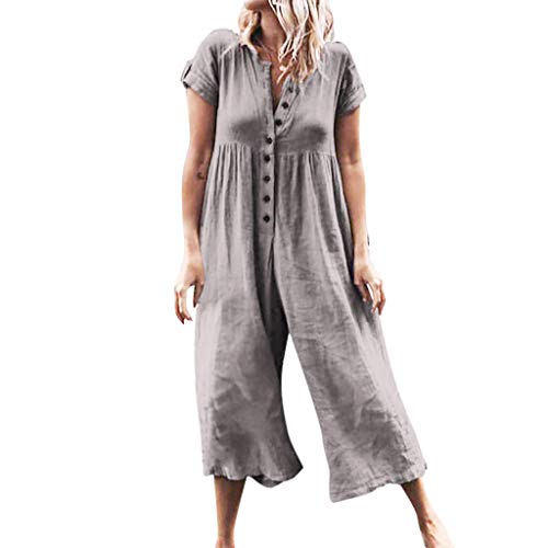Women's Outfit Loose Casual Short Sleeve Cotton Linen Jumpsuits Button Down Rompers Bib