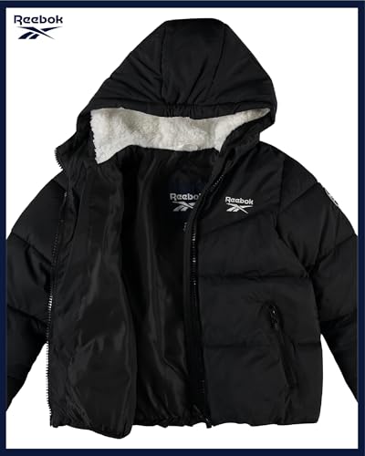 Image of Reebok Girls Heavyweight Poly Taffeta Puffer Jacket with Sherpa Hood | Insulated Quilting Locks in Warmth, Zip-Up Closure, Secure Pockets for Gloves, Cozy Protection for Cold-Weather Play