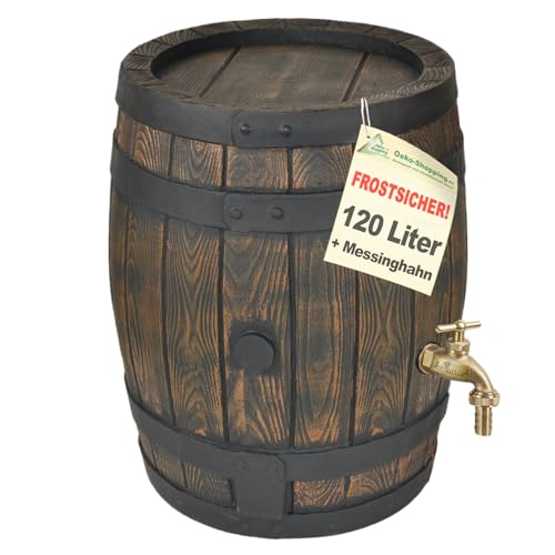 Tonneau de pluie, tonneau de pluie, tonneau de jardin, tonneau d'eau, tonneau en chêne, robinet en laiton, robinet en laiton, aspect bois (120 l, tonneau en chêne 120 l + robinet en laiton)