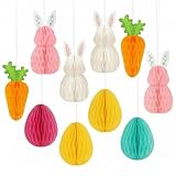 Fröhliche Osterdeko: 12 Stück Osterdeko zum Aufhängen,Wabeneier & Hasen Figuren,Wiederverwendbare Papier Deko für schnelle Frühlingsstimmung in Haus & Garten