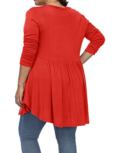 Allegrace Women's Plus Size Henley V Neck Button Tunic Tops Long Sleeve Swing Flowy Shirts Red 3X