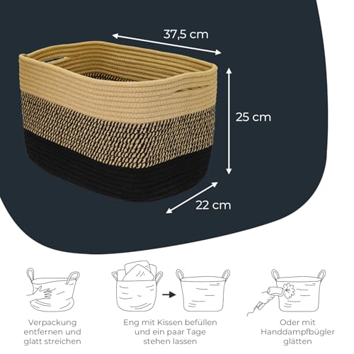 HMF Aufbewahrungskorb mit versteckten Griffen, 3er Set, Korb aus Baumwolle | 37,5 x 25 x 22,5 cm | Schwarz-Honig