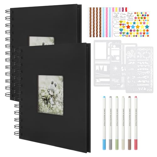 2 Piezas Páginas Negras Espiral Album de Fotos, Exquisito Negro Autoadhesivo Regalos, Scrapbooking Creativo con Pincel, Album Fotos para Pegar y Escribir para Familia Bodas Cumpleaño