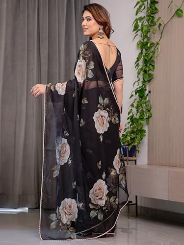 Image of ALMAARI FASHIONWomen's Floral Printed Organza Saree with Unstitched Blouse Piece | Traditional Ethnic Wear Sarees | Soft Lightweight Ethnic Office Wear Daily Wear Indian Sari (ORGANZA 121-130 H)