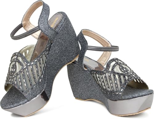 Image of Action Women's Glitter Platform Sandals| Block Heel|Cross-Strap Design with Ankle Strap| Bronze