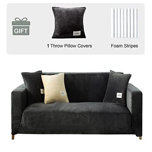 Velvet Sofa Cover 2 Seater - Soft High Stretch Non-Slip Couch Cover Sofa Protector, Plush Sofa Slipcovers with 1 Pillowcase for Living Room (Dark Grey, 2 Seater for 140-170cm) Velvet Sofa Cover 2 Seater - Soft High Stretch Non-Slip Couch Cover Sofa Protector, Plush Sofa Slipcovers with 1 Pillowcase for Living Room (Dark Grey, 2 Seater for 140-170cm)