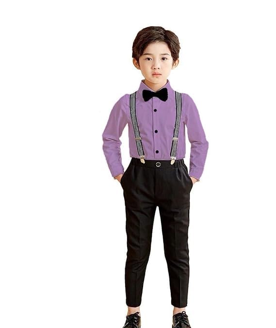 Image of SAGAR IMPEX Boys Cotton Blend Solid Full Sleeves Shirt and Pant Set with Suspender and Bow Tie | Clothing Set for Boys