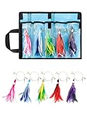 BLUEWING 5 Pack Tuna Feather Squid Lure Set Fishing Teaser with 6in Feathered Trolling Octopus and Stainless Steel Hook for Mahi Wahoo Marlin Big Game