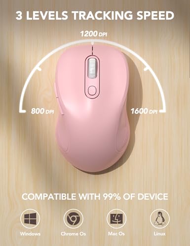 Image of Trueque Wireless Mouse for Laptop, Ergonomic 6-Button Mouse, Baby Pink | 2.4GHz USB receiver, back /forward buttons, 3 adjustable DPI levels, silent clicks, USB-C adapter, Windows /Mac /Chrome OS /Linux