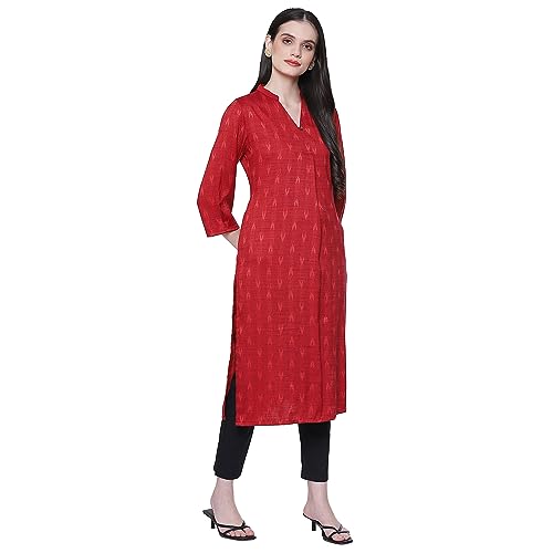 Image of Rangriti Maroon Polyester Straight Yarndyed Kurta for Women