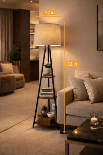 Image of Floor Lamp with Wooden Shelf, Warm White Light, Linen Fabric Shade, Storage Display Design for Living Room, Bedroom and Reading Areas