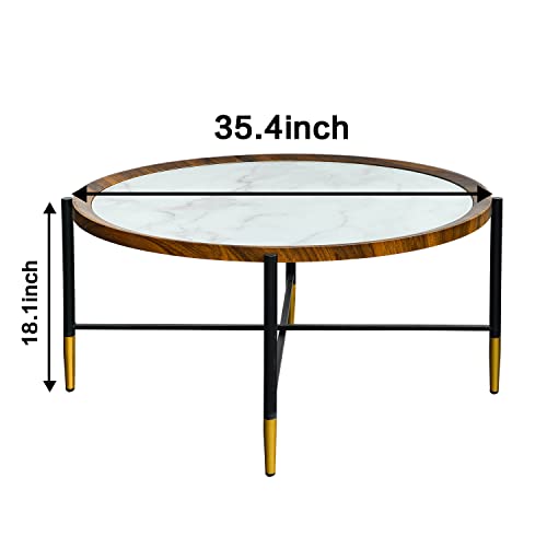 Round Coffee Table, 35In Modern Living Room Accent Side Tea Table With Marbling Glass Top, Black Gold Metal Legs Industrial Sofa Center Table For Dining Room With Wood Veneer Top Frame #TOP1