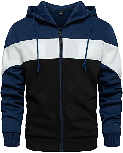 MANLUODANNI Kapuzenpullover Herren, Hoodies Herren Sweatjacke Männer Kapuzenjacke Farbblock Pullover Sweatshirtjacke mit Kapuze Blau-Schwarz XL Cover