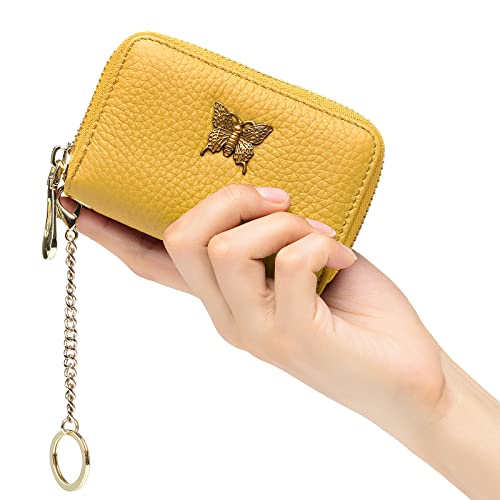 Image of imeetu RFID Credit Card Holder for Women, Business Card Wallet, Yellow, Small, Credit Card Case Wallet | Genuine Leather Card Case Wallet with Zipper and Removable Keychain, 12 Card Slots & 2 Cash Pockets, Daily, Travel, Gifts