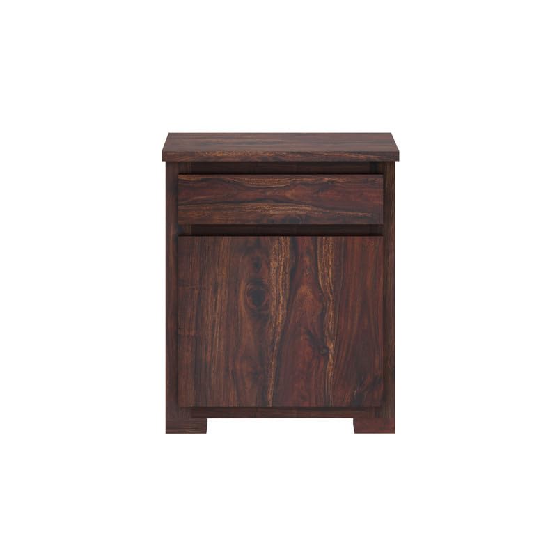 Image of Solid Sheesham Wood Bedside Table with 1 Drawer & 1 Door Storage, End Table, Side Table for Bedroom, Living Room, Home (Walnut Finish)