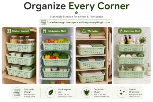 Image of ARICO Plastic Storage Basket with Handles | Multipurpose Ventilated Organizer Bin for Kitchen, Pantry, Refrigerator, Fruits, Vegetables, Bathroom, Wardrobe & Cabinet Storage | Mint Green