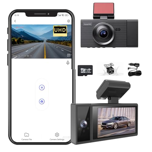 XYBkey Registratore di guida integrato anteriore e posteriore, registratore di guida a tre vie WiFi, grandangolare a 170 gradi, registrazione in loop di visione notturna WDR con scheda da 32 GB