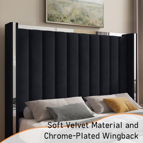King Size Velvet Upholstered Bed Frame with Tall Wingback Headboard and Plating Trim