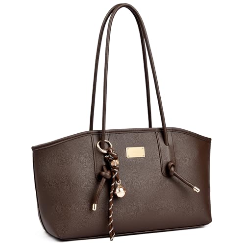 unisoul Handtasche Damen Mittelgroß Y2K Tote Bag aus PU Leder Elegante Schultertasche mit verstellbarem Gurt und Anhänger Vintage Umhängetasche für Büro Shopping Reise Kaffee-Braun