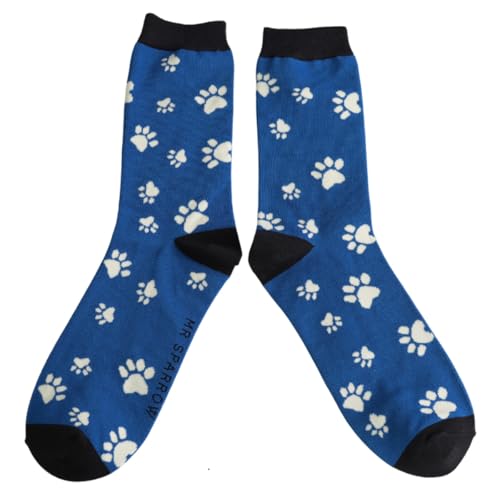Image of Mens Paw Print Socks One Size 7-11 Bamboo Crew Mid Calf Blend Navy Blue Green Grey Stripe Blue
