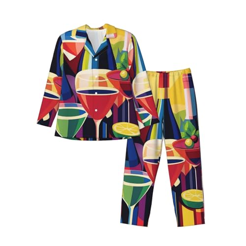 Wine Bottles And Cocktails Mens Pajamas Set Button Down Sleepwear Set Long Sleeve Loungewear With Pockets3