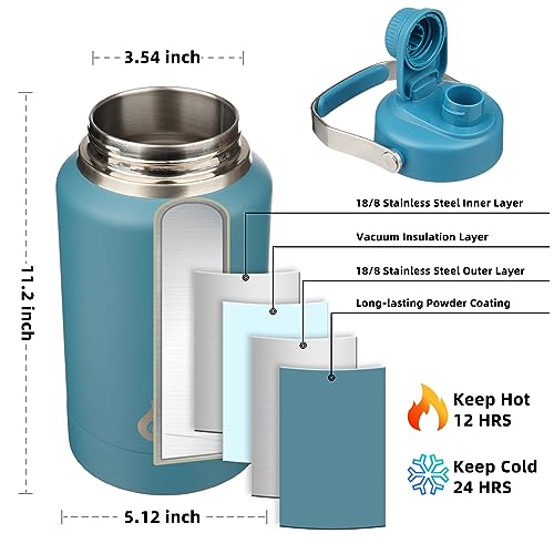 Image of BJPKPK 64oz Insulated Water Bottles, Dishwasher Safe Half gallon Water Bottle with Metal Handle, BPA Free Spout Lid & Detachable Bowl, Large Stainless Steel Jugs, Navy Blue