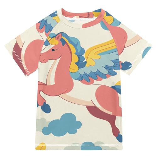 Boys Short Sleeve T-Shirts Unicorn Horse Flying Cartoon Rashguard Kids Swim Shirts Sun UPF 50+
