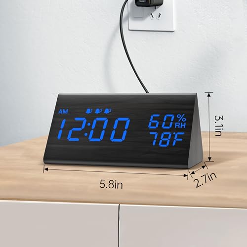 Image of JALL Wooden Digital Alarm Clock for Bedrooms and Office, 3 Alarms with Big Digits, Humidity and Temperature Display, 6-Level Dimmer, Snooze, Loud Desk Clock for Heavy Sleepers, Plug in (Black)