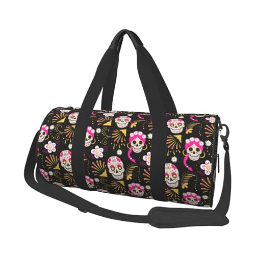 Travel Duffle Bag, pink Skull daisy Sports Gym Bag for Women Men, Carry On Bag Weekender Overnight Duffel Bag, Personal Item Travel Bag
