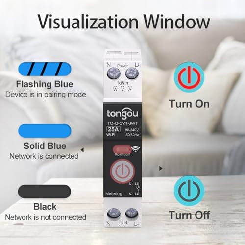 Image of TONGOU DIY 1P+N Smart Wi-Fi Switch, Work with Alexa and Google Assistant for Voice Control, 25A with Energy Monitor, Smart Life /Tuya APP Remote Control, Timer Functions, DIN Rail Mounted- HIVAGI