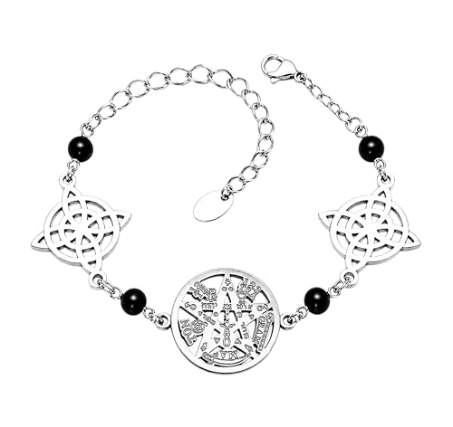 Pulsera Doble Protección con Tetragrámaton, Nudos de Bruja y Ágatas Negras Naturales, Acero Inoxidable Ajustable 15+5 cm, Amuleto de Protección Espiritual y Energía Positiva
